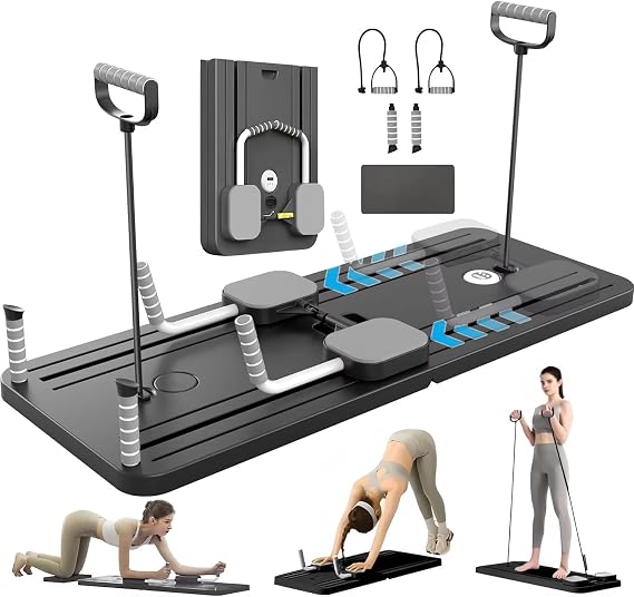Foldable Pilates Reformer Set Multifuctional Pilates Board at Home, Automatic Rebound Ab Roller Exercise Wheel Abdominal Exercise Fitness Equipment for Full Body Workout black1