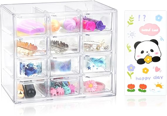 Mini Clear Storage Drawers, Desk Storage Organizer with 12 Drawer | Plastic Desktop Craft Storage Box with Sticker for Makeup Jewelry Bathroom Craft Supplies Stationary