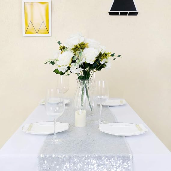 GFCC Silver Sequin Table Runner 14x108 Inch Wedding Banquet Sequin Table Linens