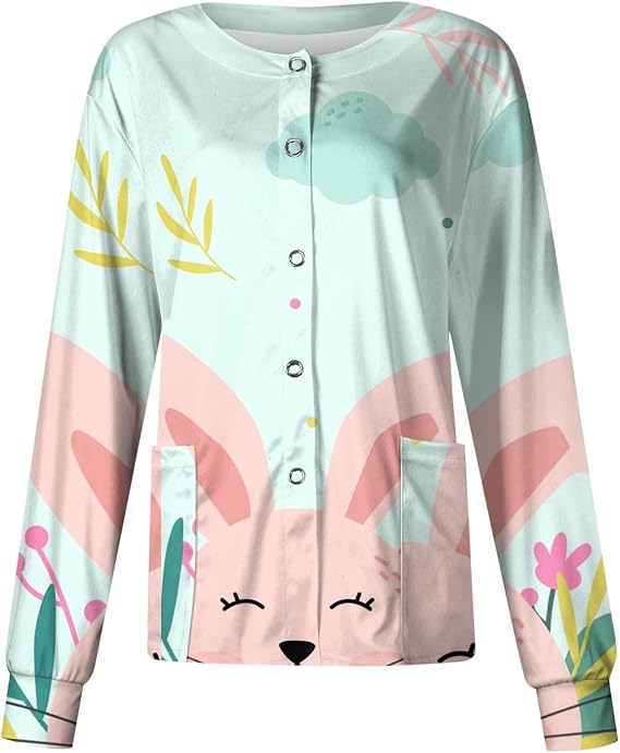 Scrub Jackets Women Printed Scrubs Jacket for Women Front Cute Animals Pattern Long Sleeve Scrub Tops Working Uniforms
