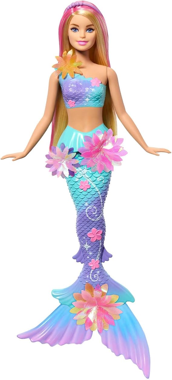Barbie Mermaid Toy Doll, Surprise Magic Blooming Flower, Ombre Tail, Pearl Headband Accessories & Long Blonde Hair with Pink Highlights