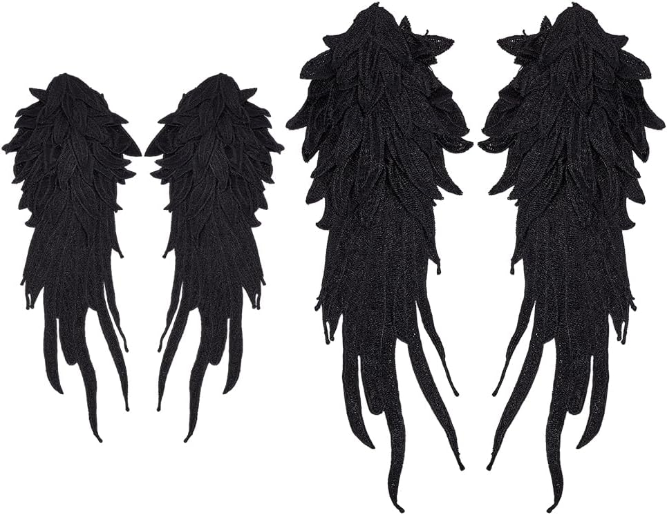 FINGERINSPIRE 2 Pairs Black Angel Wings Lace Applique Sew on Dress Shoulder Badge Ornament Polyester Embroidery Decorative Lace Patch for Party Wedding Evening Dresses 16.3x6.5 inch & 11.6x4.5 inch
