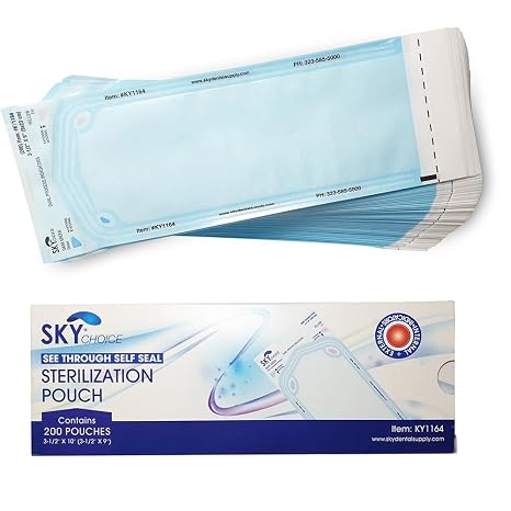 Sky Choice Self-Seal Sterilization Pouches, Medical Dental Autoclave Bags, Dual Indicators, 200 Count, 12 Sizes Available (3.5″ × 10″)