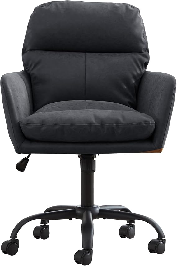 YITAI Adjustable Home Office Desk Chair with Comfy Square Mid-Back, Faux Leather 360 Swivel Upholstered Task Armchair with Wheels for Vanity Bedroom/Living Room,Study Black