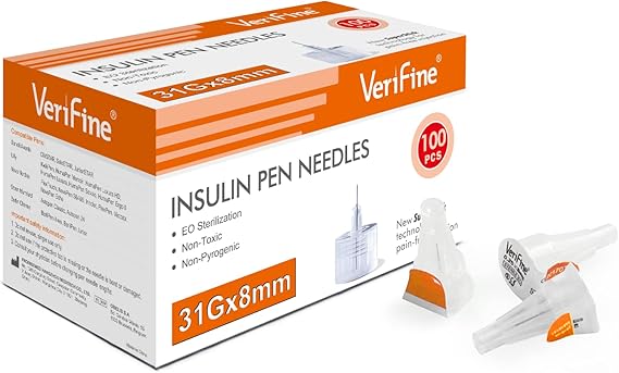 Verifine Insulin Pen Needles 31G 8mm, Ultra Fine Diatetic Needles for Insulin Injection, Compatible with Most Insulin Pens (Pack of 100)