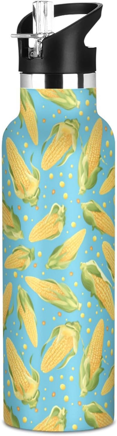 Kids Insulated Stainless Steel Water Bottle with Straw Lid for Boys Girls,Corn Cobs Dots Blue 20 Oz Sports Water Bottle Leak Proof Vacuum Double Wall