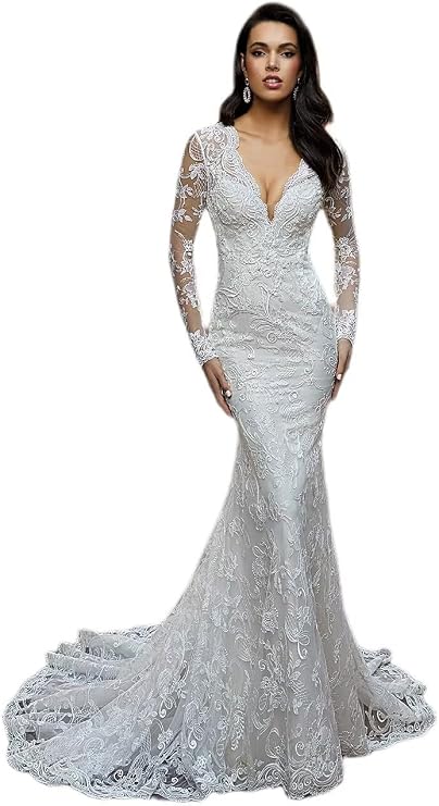 Mermaid Wedding Dresses for Bride Boho Long Sleeve Lace Tulle Beach Bridal Dress with Train for Bride