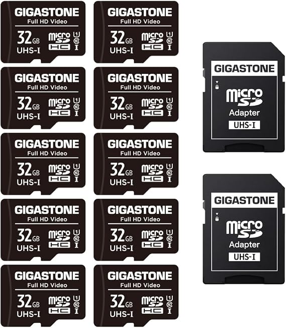 GIGASTONE Micro SD Card 32GB 10-Pack with 2x SD Adapter + 4x Mini-case, Full HD Video, Surveillance Security Cam Action Camera Drone, 90MB/s Micro SDHC UHS-I U1 C10 Class 10