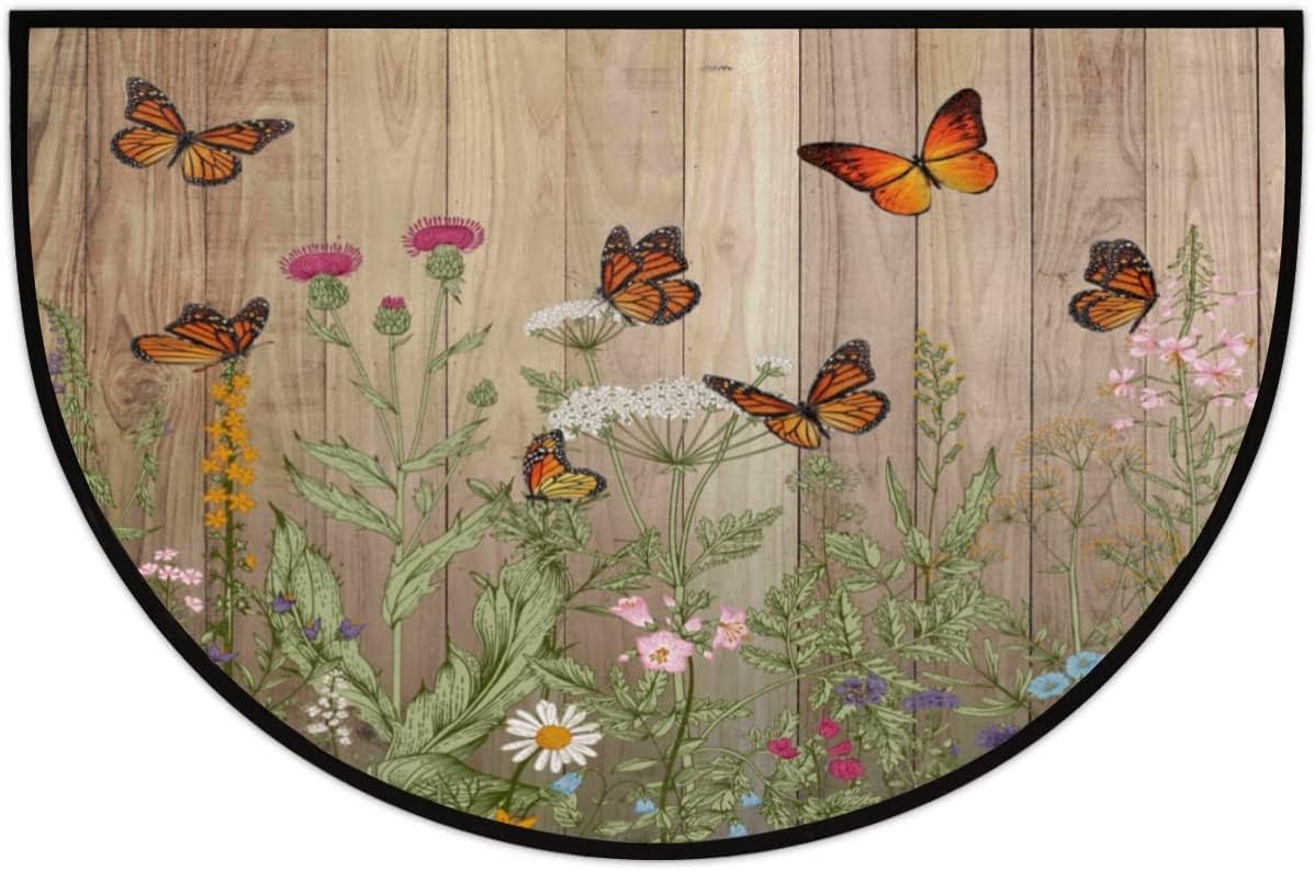 Welcome Half Round Door Mat Flower Daisy Floral Butterfly Entrance Way Rugs Doormats Soft Non-Slip Washable Bath Rugs Floor Mats for Home Bathroom Indoor Outdoor 18x30 Inch