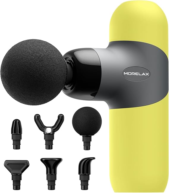 Morelax Mini Massage Gun Portable Deep Tissue Muscle Percussion Massager, Electric Handheld Sport Massager with 6 Massage Heads 4 Speed, Best Gift (Yellow)