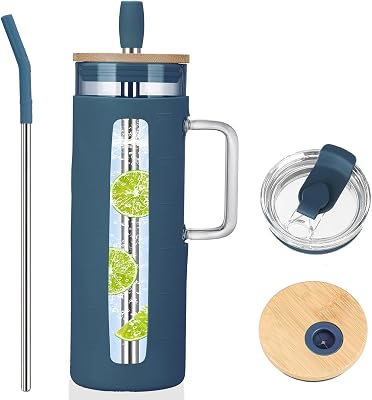 Glass Tumbler with 2 lids & Straw, 24 oz Glass Cups with Bamboo Lids and Handle, Reusable Glass Water Bottle with Silicone Sleeve, Iced Coffee Cup & Smoothie Cup-BPA Free-Dishwasher Safe-1 Pack