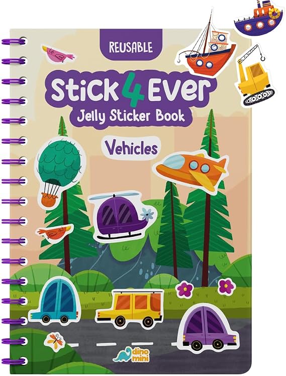 Stick4Ever Jelly Sticker Book - for Kids - Waterproof, Easy to Clean Reusable Sticker Book for Toddlers- Reusable Road Trip Activities for Kids - Stocking Stuffers for Toddlers (Vehicles)
