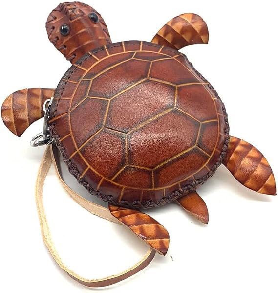 Handmade Vintage Genuine Brown Leather 3D Turtle Money Coin Purse With Removable Wrist Strap