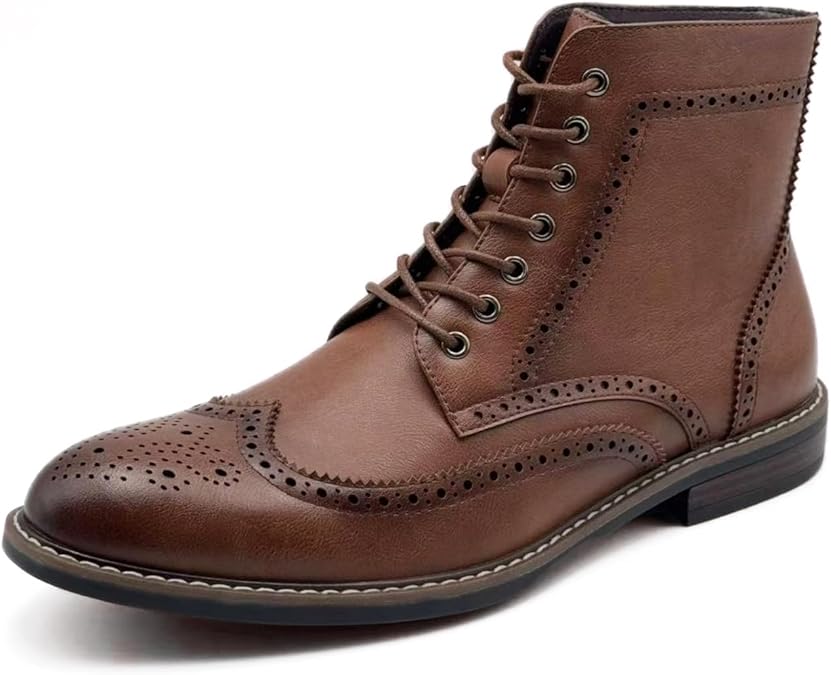 Men's Wingtip Toe Boots, Classic Brogue Style, Oxford Lace Up Dress Shoes