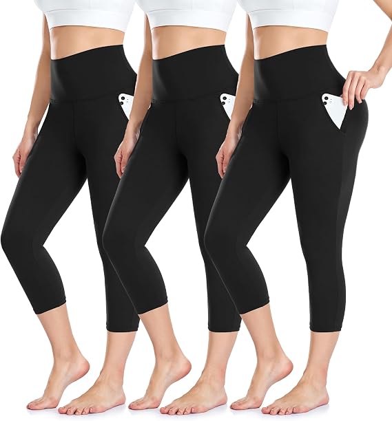 3 Pack Capri 3/4 Length Leggings for Women,High Waisted Cropped Leggings Soft Sport Trousers with Pockets for Workout Gym Yoga Fitness Running