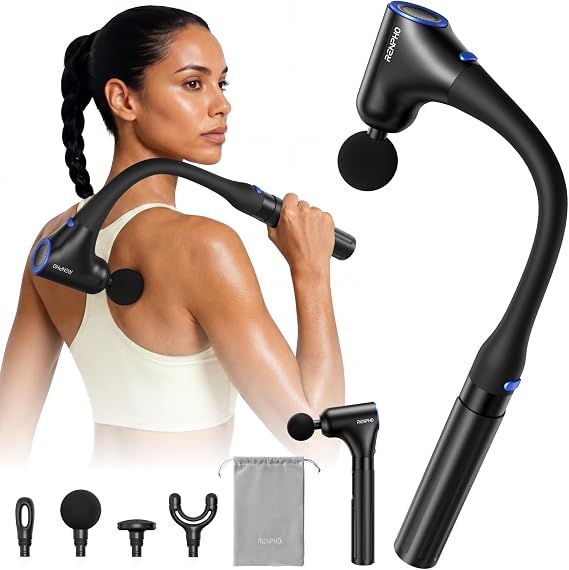 RENPHO Reach Curve Massage Gun with Extension Handle, 4-in-1 Massager