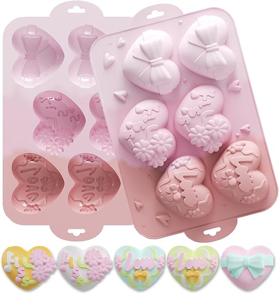 6 Cavities Heart Chocolate Mould, Baking DIY Tools Different Decorative Pattern Heart Mold, Non Stick Silicone Molds for Cake Chocolates Jelly Candy Ice Cream, etc, Random Color