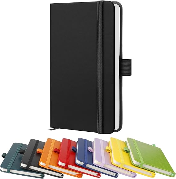 A6 Notebook, Pocket Notebooks 160 Lined Pages Small Leather Journal Notebook Pocket Size for Women Men Work Office School, Hardback A6 Notepad with Pen Holder, 9.5 x 14.5cm-Black