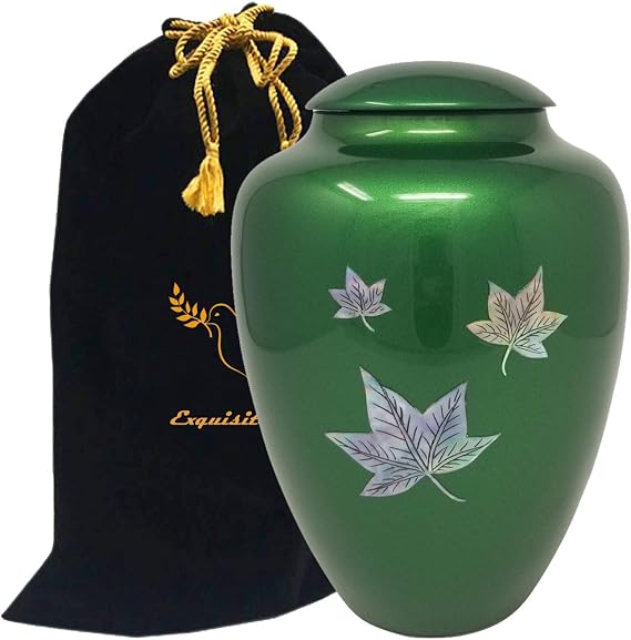 Handcrafted Fiber Glass Cremation Urn - Mother of Pearl Adult Urn - Handcrafted Light weighed Adult Funeral Urn for Ashes - Great Deal Free Velvet Bag and Ash Bag (Green Leaf)
