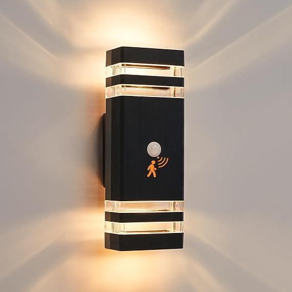 Up Down Outside Lights with Motion Sensor, PIR Outdoor Wall Light Mains Powered, IP65 Square Front Door Porch Light Electric, GU10 Modern LED External Lamp Exterior Sconce for House, Black [Energy Class F]