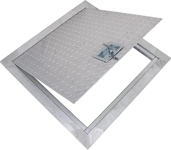 Best 24" x 24" Diamond Plated Aluminum Hatch, 1/4" Aluminum Diamond Plate Access Panel with Heavy-Duty Aluminum Continuous Piano Hinge, Handle Operated Cam Latch, Self-Closing & Self-Locking, BA-AFL