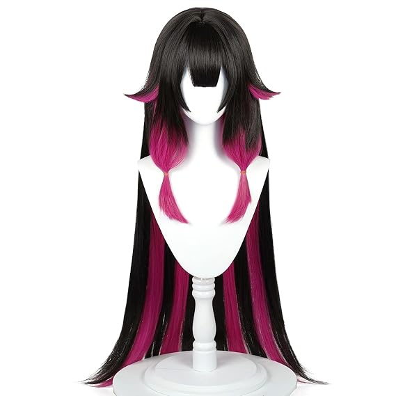 XiongXiongLe Halloween Anime Role Brown Pink Cosplay Wig Women Long Layered Black Ombre Straight Hair Wigs for Party Cos Game Halloween Anime Role Festival Christmas