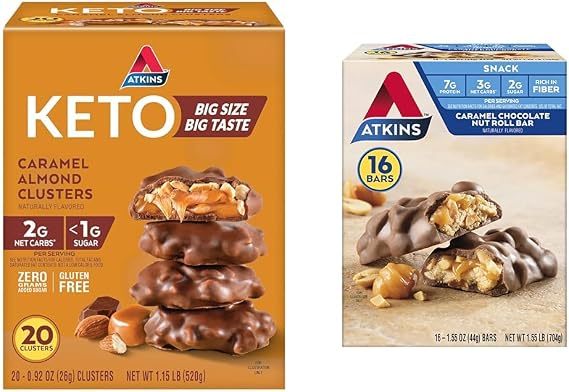 Atkins Caramel Almond Clusters, Gluten Free, High in Fiber, 1g Sugar, 2g Net Carb, Keto Friendly, 20 Count & Caramel Chocolate Nut Roll Snack Bar, Protein Snack, High in Fiber, 2g Sugar, 16 Count