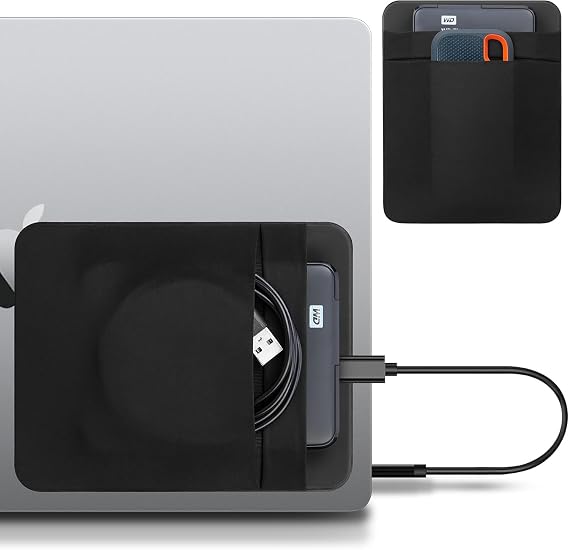 Lacdo Portable External Hard Drive Carrying Case, 2-Pocket Stick on Pouch Holder for Laptop, Fit 2.5" Seagate, WD, Toshiba External HDD, SSD, Wireless Mouse,Cable, Sleeve with Reusable Adhesive, Black