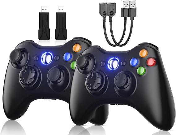 Gamrombo 2 Pack Replacement for Xbox 360 Controller, Compatible with 360 & Slim, Windows PC, Support Dual Shock, 2.5mm Audio Jack, with USB Extension Cable and USB Dongle
