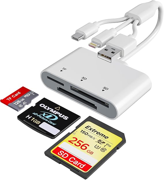 SD Card Reader for iPhone with USB-C & Lightning - 3-in-1 SD MicroSD xD-Picture Cards Memory Card Reader, Compatible with iPhone 16/15/14, iPad, MacBook, Android, Camera & PC