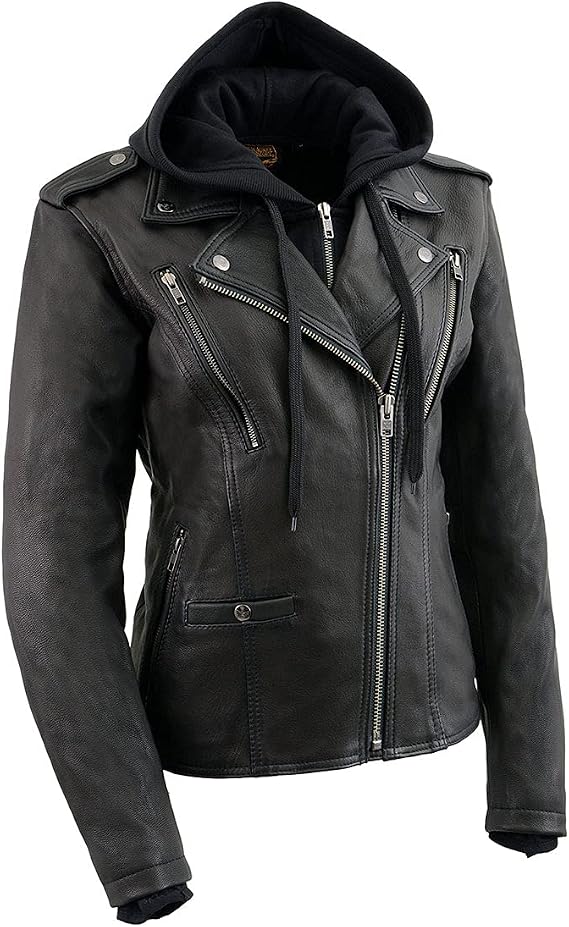 Milwaukee Leather MLL2575 Women's Black Leather Vented Motorcycle Jacket w/Removable Hoodie