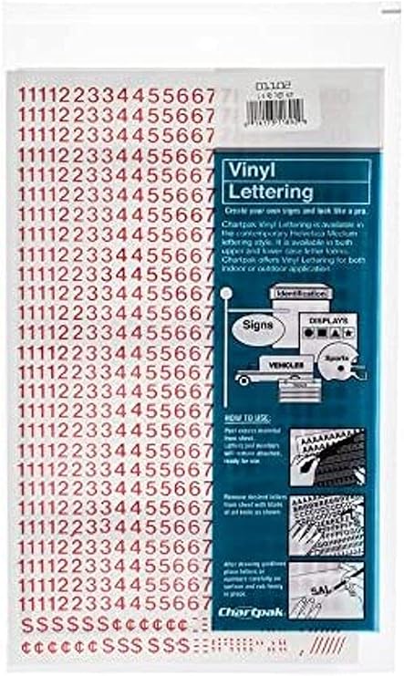 Chartpak Self-Adhesive Vinyl Numbers, 1/4 Inch High, Red, 718 per Pack (01102)