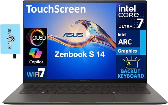 ASUS Zenbook S 14 AI PC Laptop 14.0" Touchscreen OLED 2.8K Display (Intel Ultra 7-258V, 32GB LPDDR5X, 2TB PCIe SSD, Intel Arc, Backlit KB, 2 Thunderbolt 4, WiFi 7, Win 11 Home) w/DKZ USB Port Expander