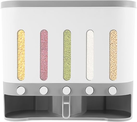 Cereal Dispenser 5 in1 Food Dispenser Storage Container Wall Mounted Airtight Rice Storage Container with Universal Lids, Grain, Dry Fruit Storage Box for Home and Kitchen