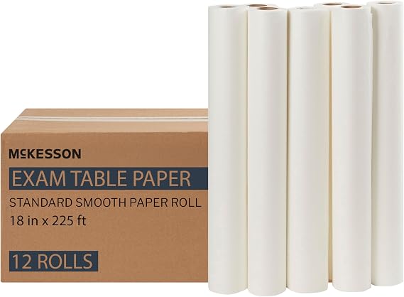McKesson Medical Exam Table Paper Rolls [12 Rolls] 18 in x 225 ft White Standard Smooth Disposable Bed Cover for Doctor, Spa, Diaper Changing, Waxing, Nursing, Chiropractor, Patternmaking, Tracing