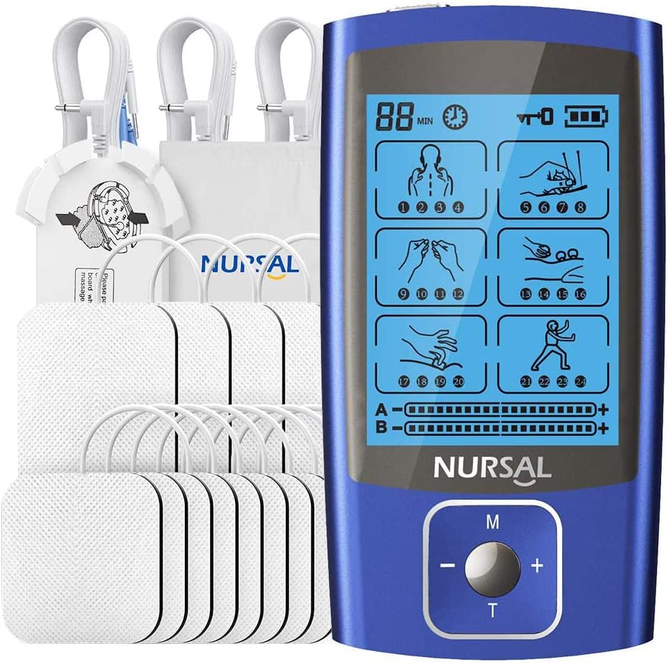 NURSAL Dual Channel TENS Machine for Pain Relief, 24 Modes TENS Unit Muscle Stimulator for Pain ReliefManagement & Muscle Strength Rechargeable TENS Machine with 12 Pcs TENS Machine Pads Replacement