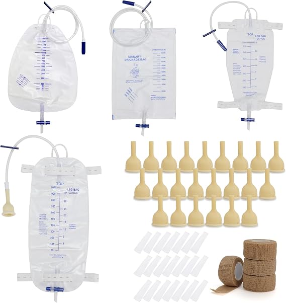 Condom Catheters for Elderly Men Age 80-24PCS Latex Condoms, 750ml & 1000ml Leg Bags for Days, 1500ml & 2000ml Urine Bags for Night, External Male Catheters for Men with 4 Tapes (25mm/0.98inch)