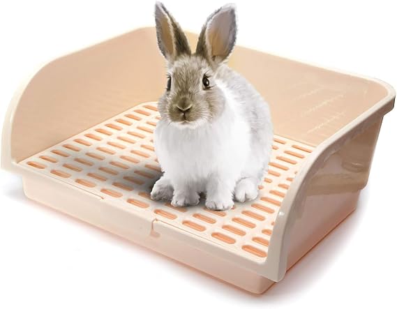 Oncpcare Super Large Rabbit Litter Box, Small Animal Restroom Square Bunny Litter Box Guinea Pig Litter Tray Pet Toilet Chinchilla Potty Trainer (Beige)