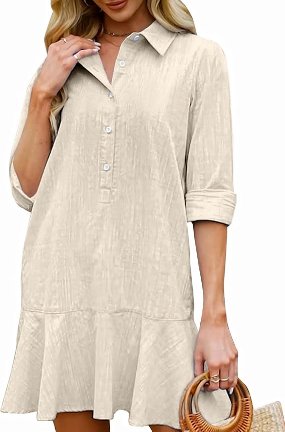 Kedera Womens Tunic Shirt Mini Dress Long Sleeves Short Dress Button Up Ruffle Hem Shift Dresses with Pockets