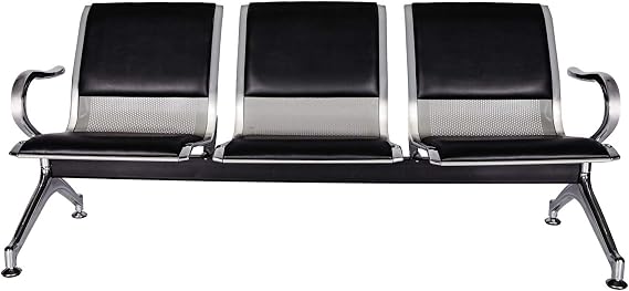 Waiting Room Reception Chairs - PU Leather Airport Reception Chairs with Arms, Office Guest Chairs for Bank, Hospital, Market (3-Seat, Black & Sliver)