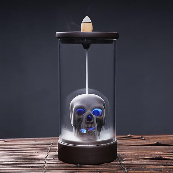 Skull Backflow Incense Burner Ceramic Holder with 45 Cones - Waterfall Smoke Aromatherapy Decor for Home, Yoga, Meditation - Unique Gift for Halloween, Gothic Decor (6.5" H)