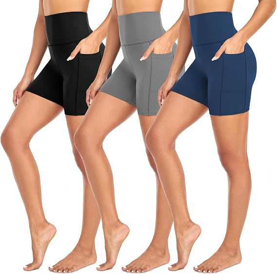 MOREFEEL 3 Pack Biker Shorts Women with Pockets 5" Tummy Control High Waisted Workout Gym Yoga Athletic Shorts