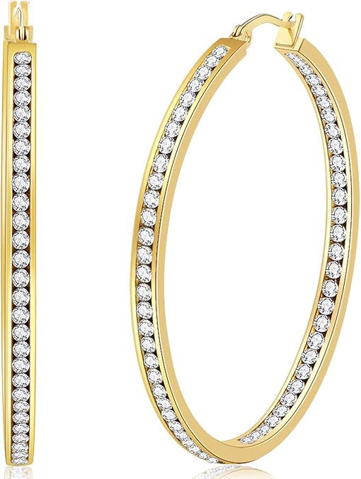 Large Rose Gold Stainless Steel Hoop Earrings for Women, Big Hypoallergenic Hoops Earring ARSKRO Huge Cubic Zirconia Rhinestone Crystal Basketball 50mm 2 inch Ear Ring Jewelry Gifts for Women Mens Sensitive Ears