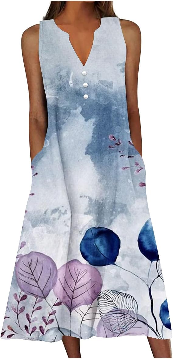 SMIDOW Women's Summer Design Casual Dress Sleeveless V-Neck Dress with Pockets Loose Flowy Swing Pleated Long Beach Dress