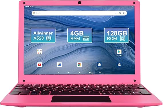 Mini Laptop 10.1 inch Android 14, 4GB RAM, 128GB EMMC, Small Computer HD IPS Display, 1280x800 Pixel, Portable Netbook with Allwinner A523 CPU (Pink)