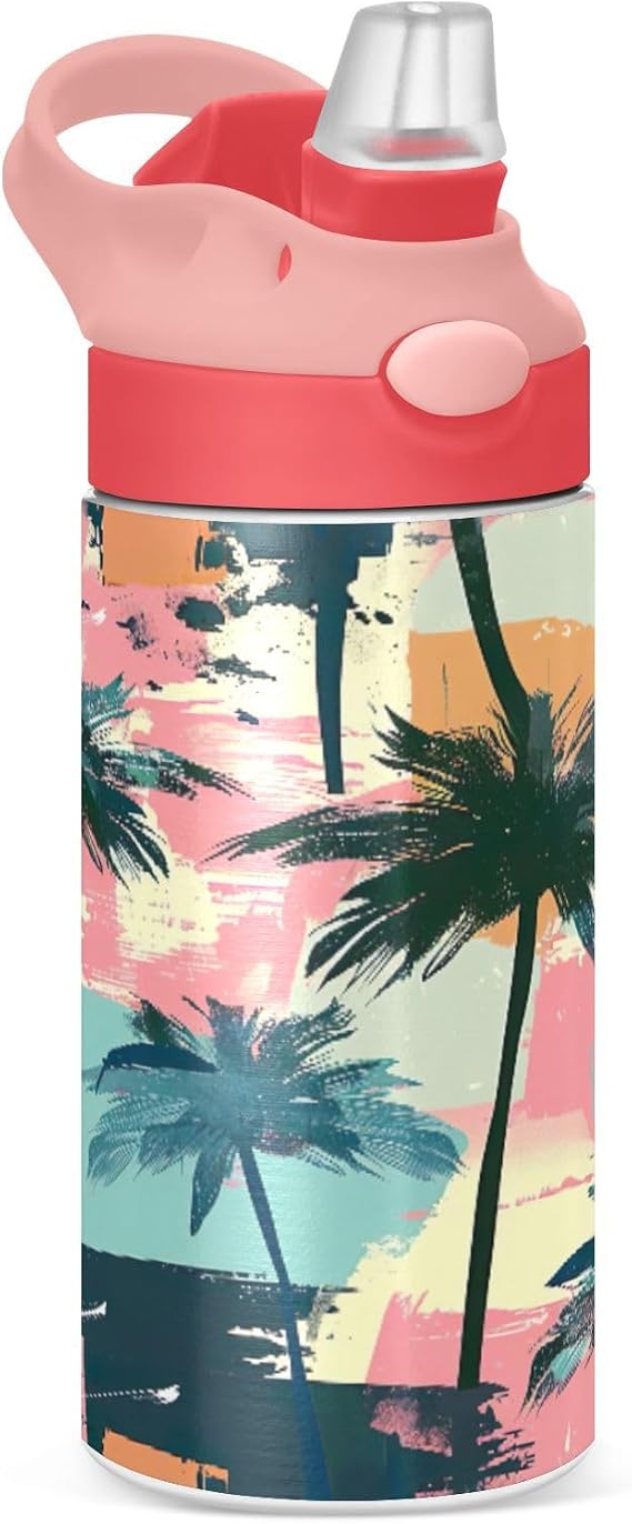 Kids Water Bottle Palm Trees Pattern 12 Oz Insulated Stainless Steel Water Bottles with Leak-Proof Lid BPA-Free Straw Bottle for Girls/Boys