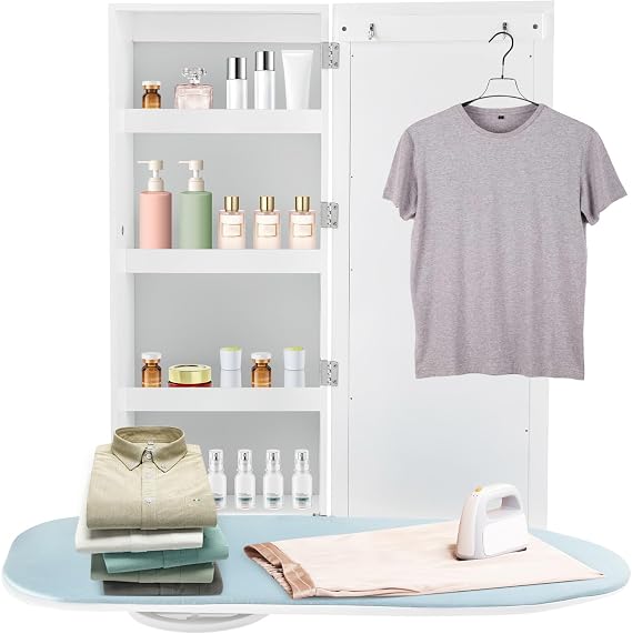 Wall Mounted Ironing Board Cabinet, Foldable Hanging Ironing Board with Mirror Fold Down Wall Mount Ironing Center with Built in Fabric Cover for Home Apartment & Small Spaces (34.3"X12.6'')