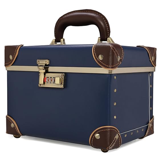 urecity Vintage Makeup Train Case, Navy Blue Artificial Leather, Professional Cosmetic Organizer with Metal Combination Lock, Retro Style Storage Box
