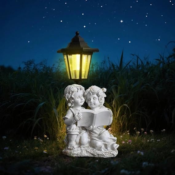 Solar Garden Angel Country Farm Reading Boy and Girl with Light, Outside Decorations for Patio Yard Lawn Walkway Ornaments