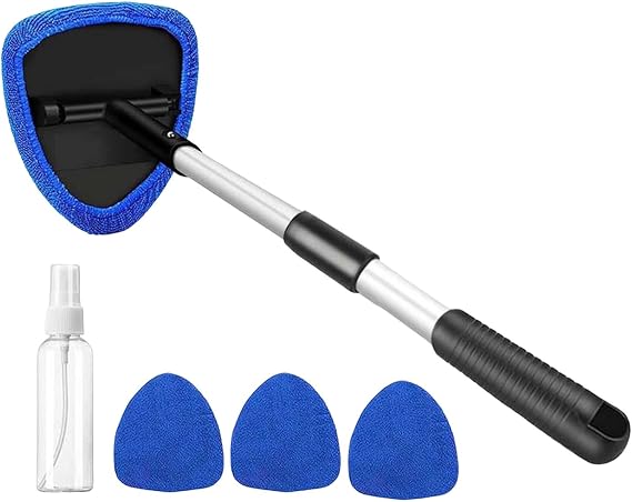 Windshield Cleaner, Car Windshield Cleaning Tool Inside with 4 Reusable and Washable Microfiber Pads and Extendable Handle Auto Glass Wiper Kit, Car Window Cleaner Windshield Cleaning Tool Blue
